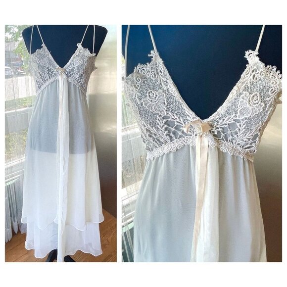 Vintage 80s night dress, silky sheer white, lace bust, Flora Nikrooz, 6/8 (S/M) - Picture 3 of 9
